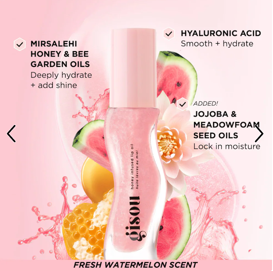 Gisou Honey Infused Hydrating Lip Oil Watermelon Sugar - Clear Pink Shimmer